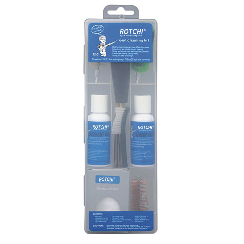 Zestaw do czyszczenia wiatrówki w przezroczystym pudełku z butelką oleju